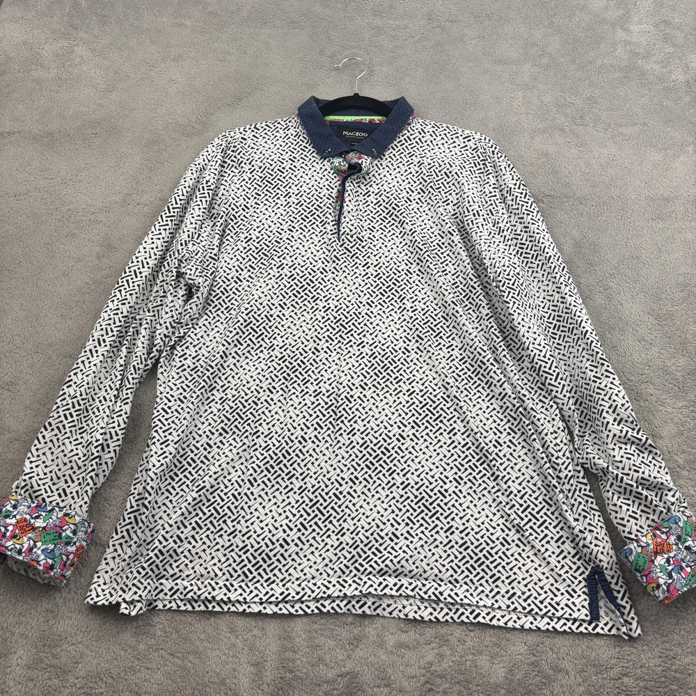Maceoo Polo Shirt Mens 6/2XL Black White Newton Pin Flip Cuff Roll Tab Logo